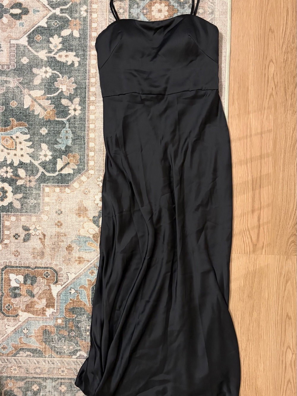Jenny Yoo Black Satin Slip Dress with Spaghetti Straps